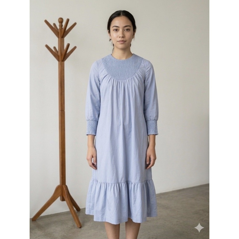 Mila Light Blue Smocked Long Sleeve Tiered MIDI Dress. Size XS. Linen Blend.